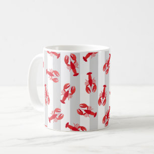 Caneca De Café Lagostas Vermelhas Ilustradas em Listras Cinza Cla