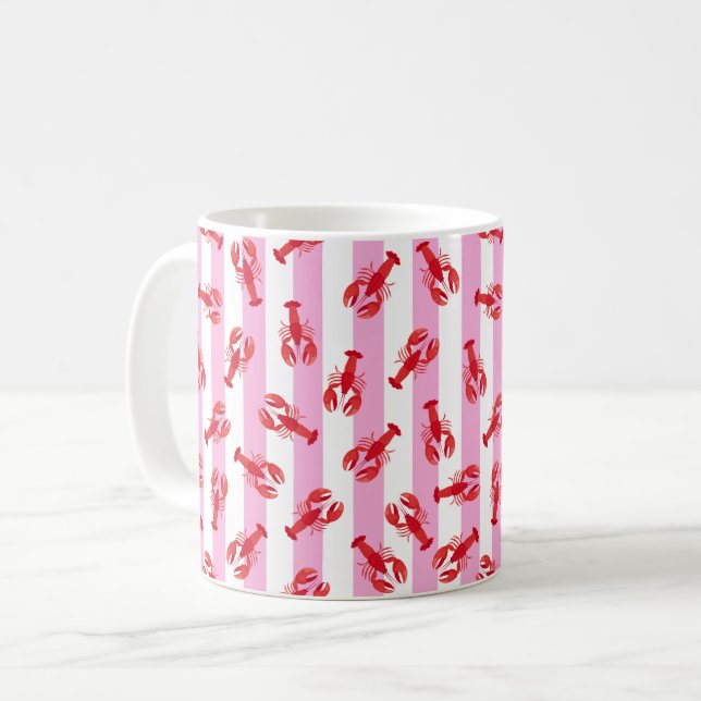 Caneca De Café Lagostas Vermelhas Ilustradas em Listras Rosa (Frente Esquerda)