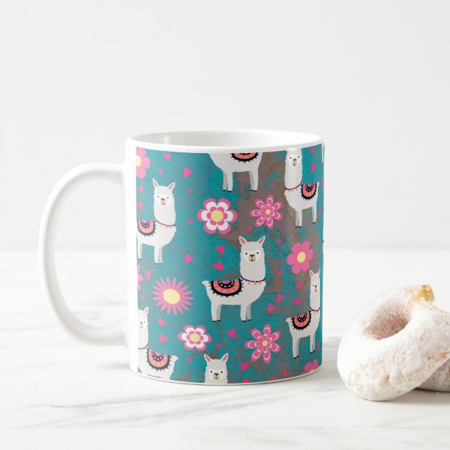 Caneca De Café Lama (alpaca) floral e Grunge de turquesa (Com Donut)