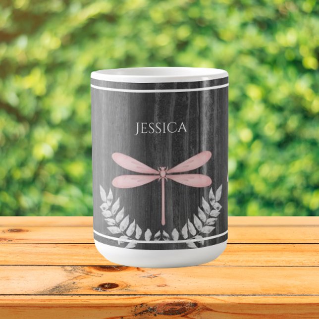 Caneca De Café Lâmpada de Dragão Rosa, Lata de Café Personalizada (Pink Dragonfly Rustic Personalized Coffee Mug)