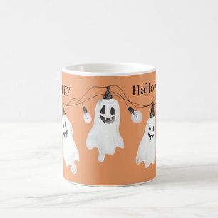 Caneca De Café Lâmpadas Fantasmas Brancas Laranjas Halloween