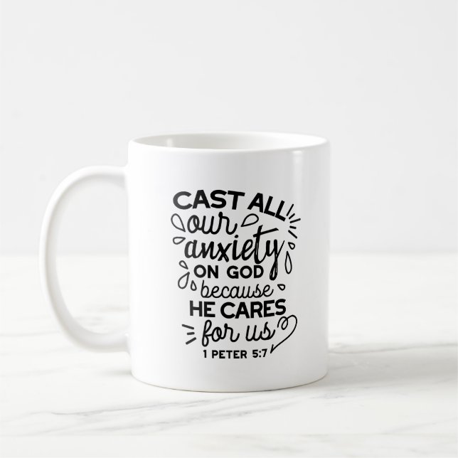 Caneca De Café Lance Toda a Sua Ansiedade – 1 Pedro 5:7 Versículo (Esquerda)