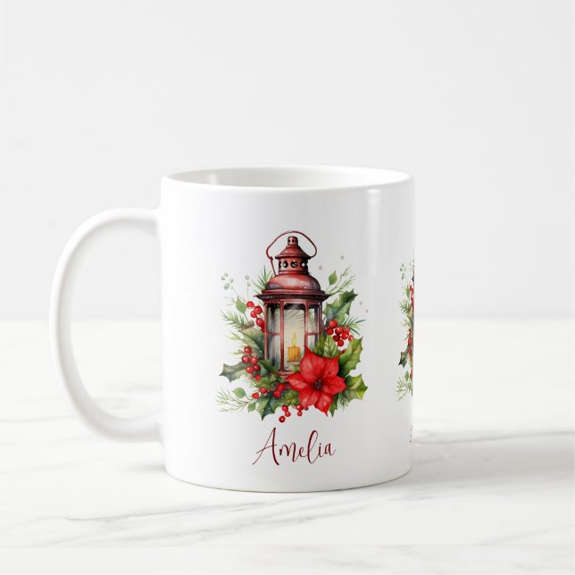 Caneca De Café Lanterna de Natal Vermelho Poinsettia e Pinheiro (Esquerda)