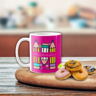 Caneca De Café Lápis de nome de professor de desenho animado cor