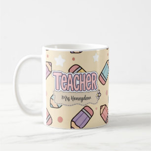 Caneca De Café Lápis Escolares com Padrão de Professora Rosa