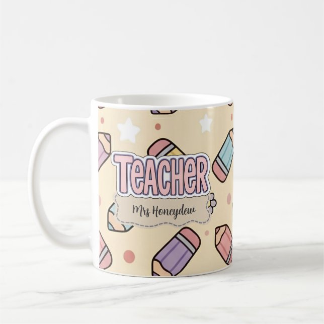 Caneca De Café Lápis Escolares com Padrão de Professora Rosa  (Esquerda)