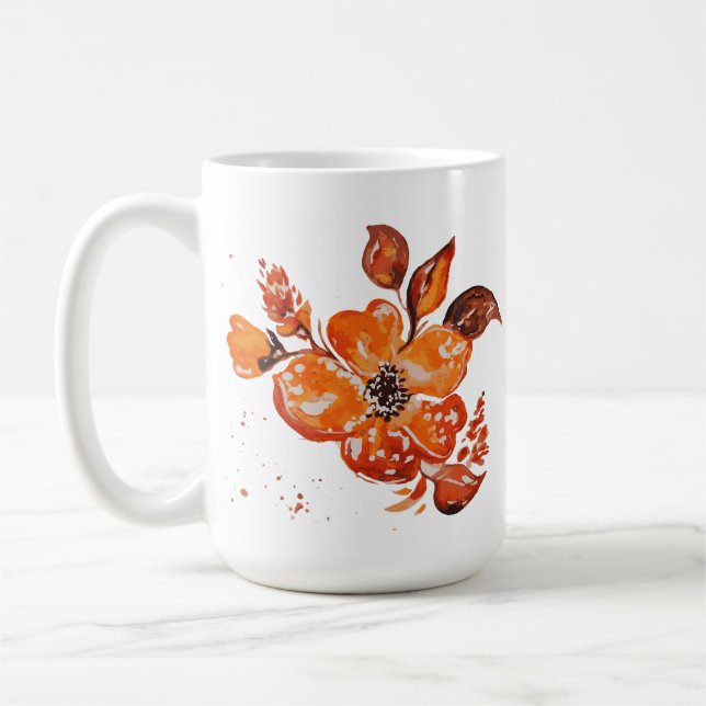 Caneca De Café Laranja Aquarela Floral (Esquerda)
