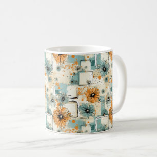 Caneca De Café Laranja Azul Botânico Floral Creme Antigo