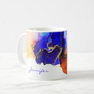 Caneca De Café Laranja Azul Dourado Abstrato Tinta Álcool Nomeado