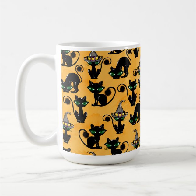 CANECA DE CAFÉ LARANJA COM GATOS NEGROS ADORÁVEIS (Esquerda)