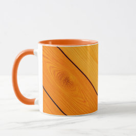 Caneca de café laranja com padrão de madeira
