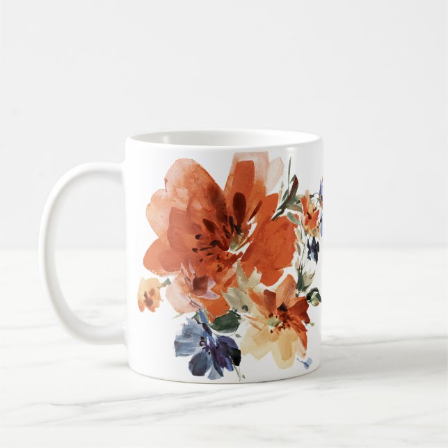 Caneca De Café Laranja e azul aquarela floral (Esquerda)