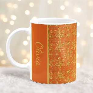 Caneca De Café Laranja e Dourado Flocos de Neve Flocos de Natal c