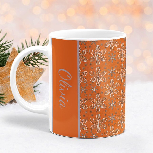 Caneca De Café Laranja e Prata Flocos de Neve de Natal (Criador carregado)