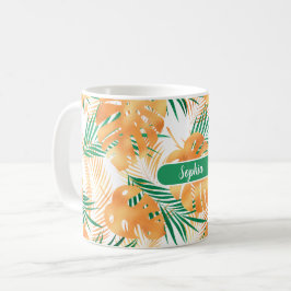 Caneca De Café Laranja e Verde Folhas Tropicais, Nome Branco