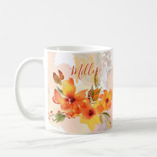 Caneca De Café Laranja floral outono aquarela personalizado
