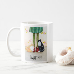 Caneca De Café Laranja Fofo Tabby e Gato Tuxedo Nome Personalizad