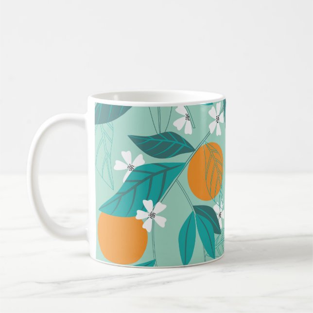 Caneca De Café Laranjas florescentes, folhas, arte safada. (Esquerda)