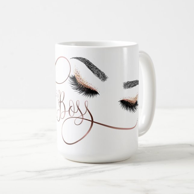 Caneca De Café Lash Boss Makeup Eyebrow Olhos Lashes Rosa Dourado (Frente Esquerda)