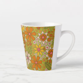 Caneca De Café Latte 1960, 1970 Retro Floral Verde e Laranja