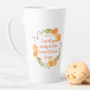 Caneca De Café Latte 1 Peter 5:7 Escritura de Bíblia Floral Laranja