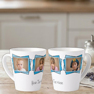 Caneca De Café Latte 3 fotos adicione seu texto azul