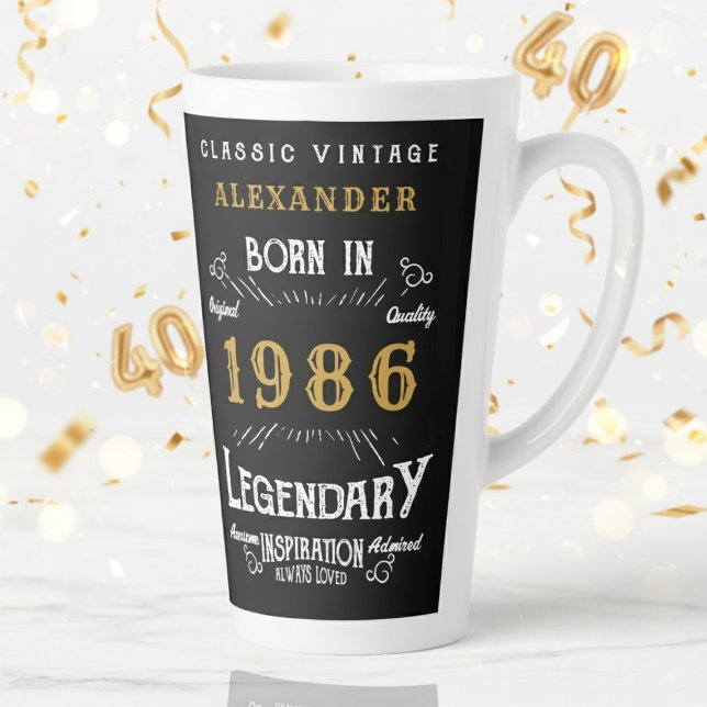 Caneca De Café Latte 40th Birthday 1986 Legendary Retro (1986 latte mug on a white and gold background)