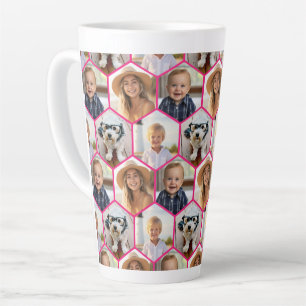 Caneca De Café Latte 4 Colagem de Fotos - padrão de hexágono divertido
