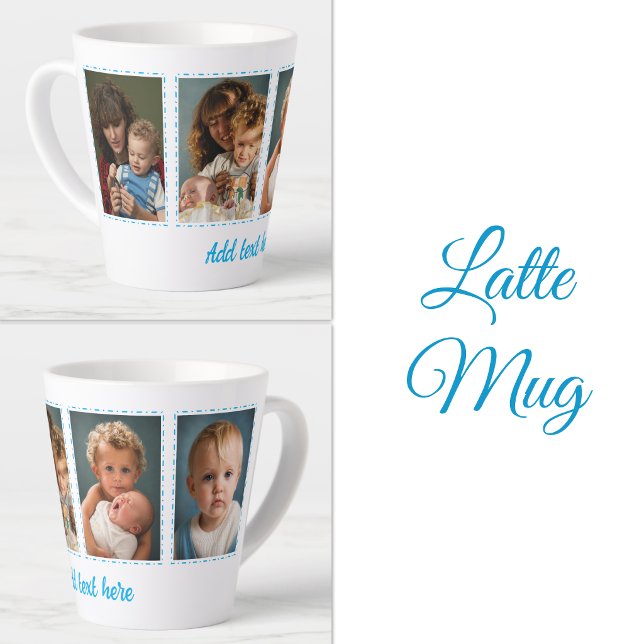 Caneca De Café Latte 4 fotos adicionar texto branco azul (Criador carregado)