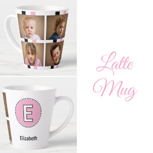 Caneca De Café Latte 4 fotos nome inicial preto rosa