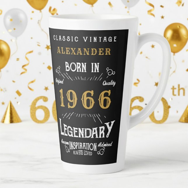 Caneca De Café Latte 60th Birthday 1966 Legendary Retro (1966 latte mug on a white and gold background)