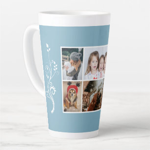 Caneca De Café Latte 6 Colagem de Fotos Folhagem Azul Natal Família