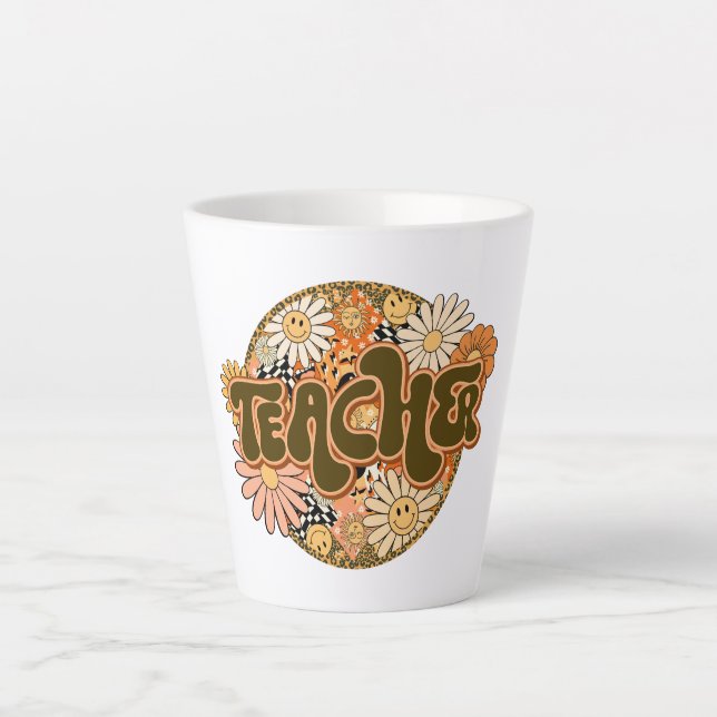 Caneca De Café Latte 70s Style Floral "Teacher" Appreciation (Frente)