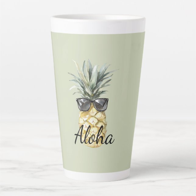 Caneca De Café Latte Abacaxi Tropical Aloha com Óculos de Sol (Frente)