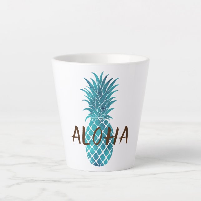 Caneca De Café Latte Abacaxi tropical azul-turquesa Aloha (Frente)