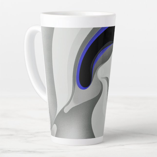 Caneca De Café Latte Abaixo do Azul: Cinza Abstrato, Preto e Azul (Ângulo esquerdo)