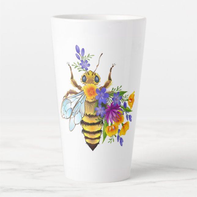 Caneca De Café Latte Abeja flor com plantas silvestres (Frente)