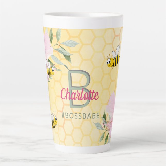 Caneca De Café Latte Abejas felizes amarelas favo de mel rosa bossbabe (Frente)