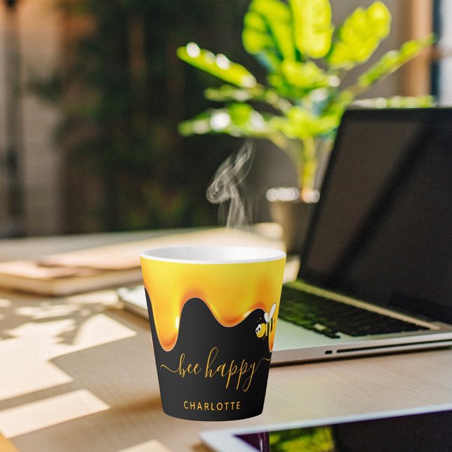 Caneca De Café Latte Abelha Feliz Bombinho preto pingando mel (Criador carregado)