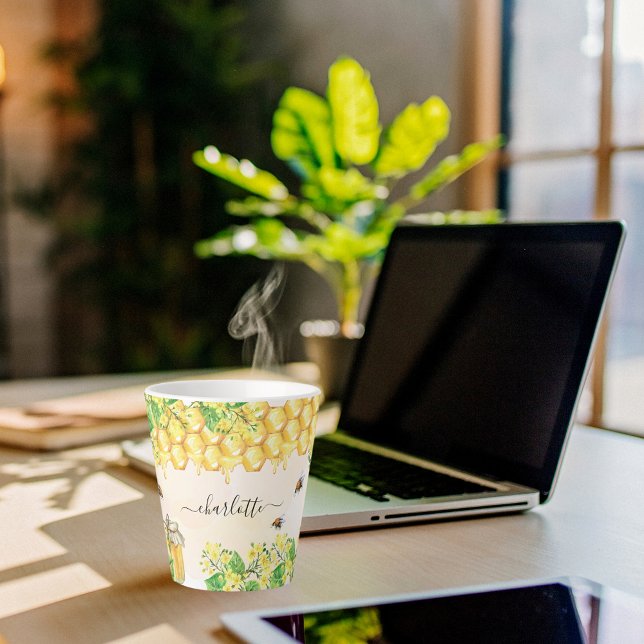 Caneca De Café Latte Abelhas-de-banho mel floral amarelo (Criador carregado)