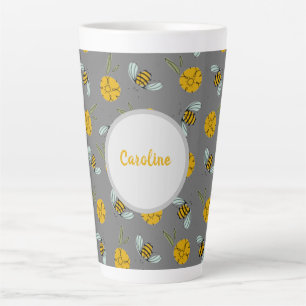 Caneca De Café Latte Abelhas e Bottercups na Cinza