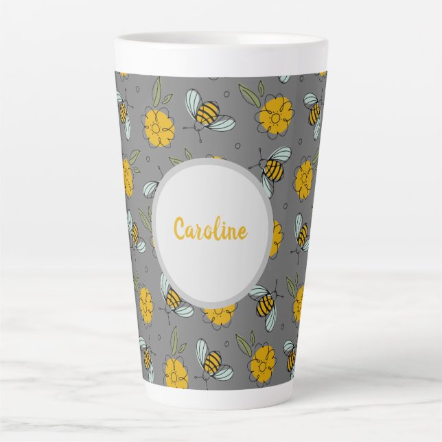 Caneca De Café Latte Abelhas e Bottercups na Cinza (Frente)