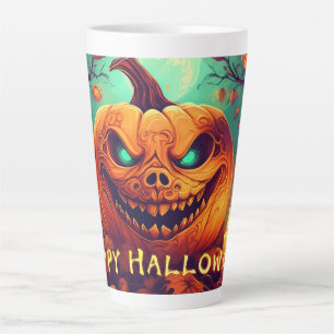 Caneca De Café Latte Abóbora com Rosto Assustador Entre Velas, Hallowee