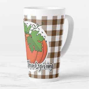 Caneca De Café Latte Abóbora na Xadrez Marrom - Feliz Ação de Graça
