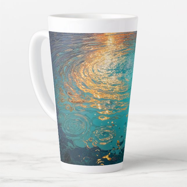 Caneca De Café Latte Abstract Aqua Waves with Golden Sunlight (Ângulo esquerdo)