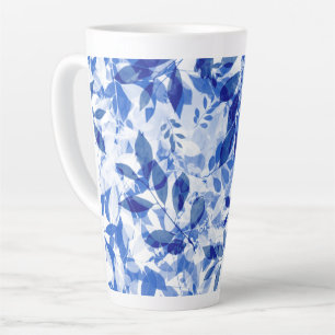 Caneca De Café Latte Abstrato Azul e Folhas Brancas