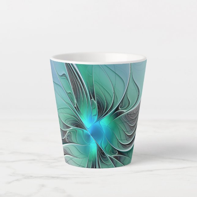 Caneca De Café Latte Abstrato com Arte Fractal Azul, Moderna (Frente)