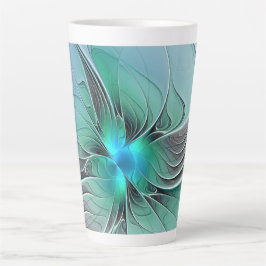 Caneca De Café Latte Abstrato com Arte Fractal Azul, Moderna