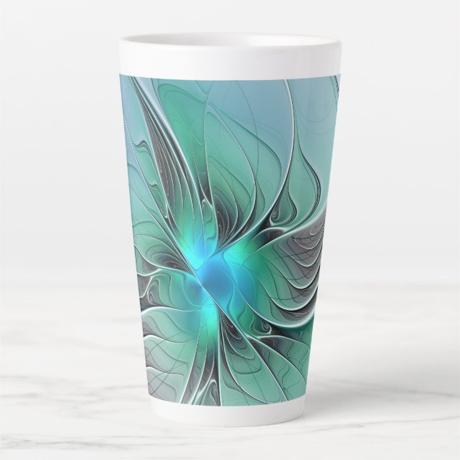 Caneca De Café Latte Abstrato com Arte Fractal Azul, Moderna (Frente)