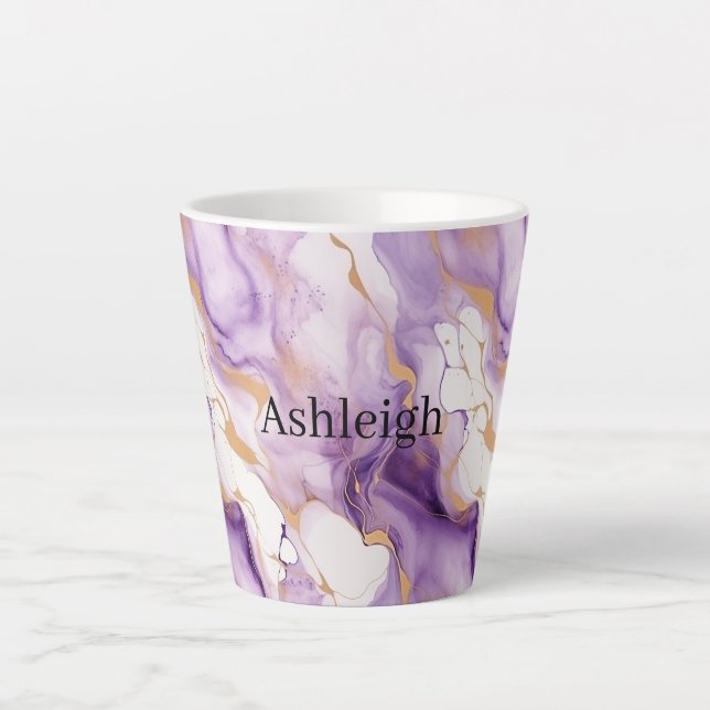 Caneca De Café Latte Abstrato Dourado Branco Roxo (Frente)